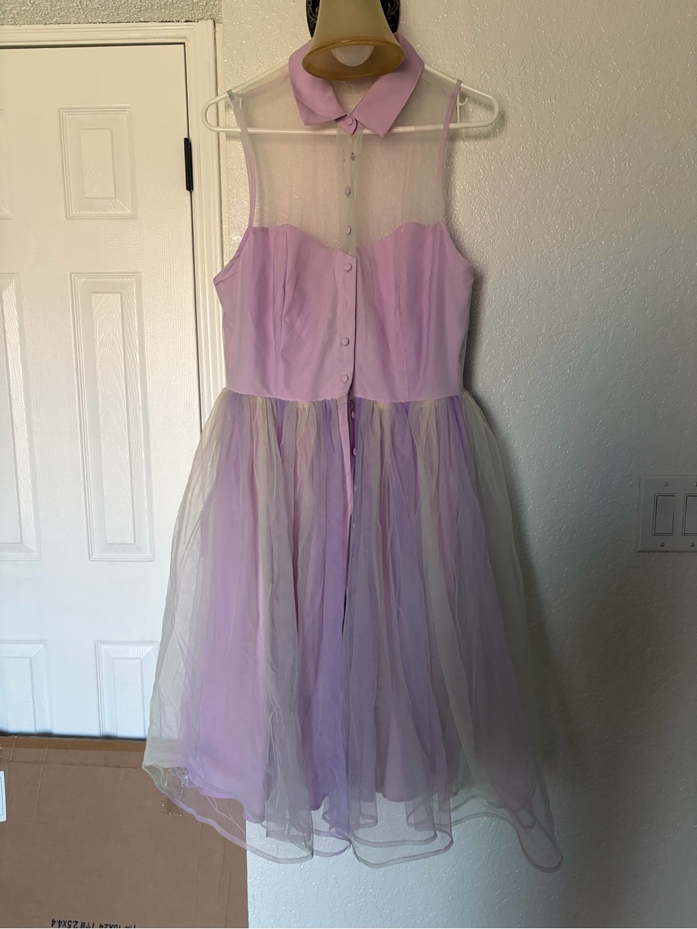 Unique Vintage Lavender Tulle Party Dress with Sheer Bodice